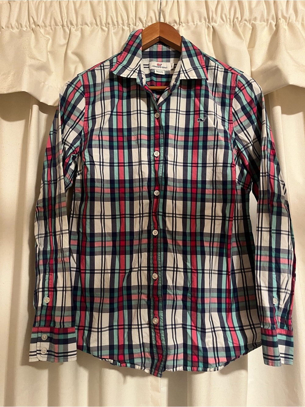 Vineyard Vines Plaid Button-Up Shirt in White, Teal & Pink size 8